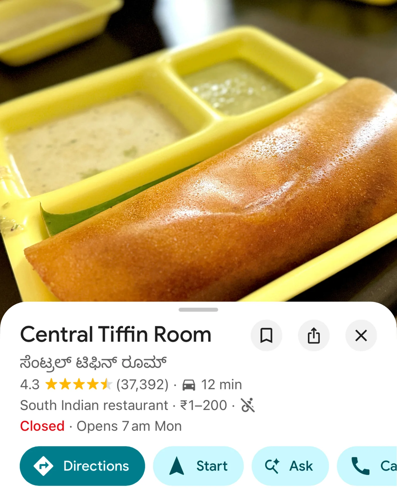 Card for Central Tiffin Room in Malleshwaram, Bengaluru — a crisp dosa with chutney on a yellow tray.