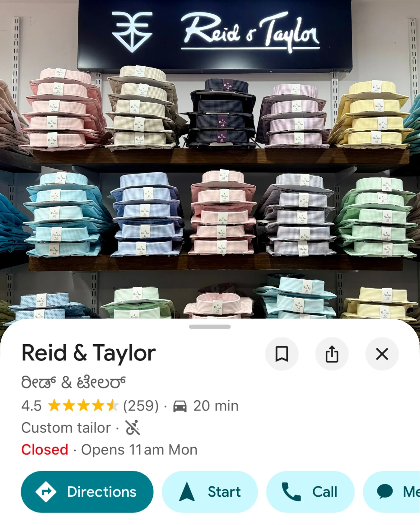 Card for Reid & Taylor at Bespoke Studio, Bengaluru — shelves of folded shirting under the shop sign.