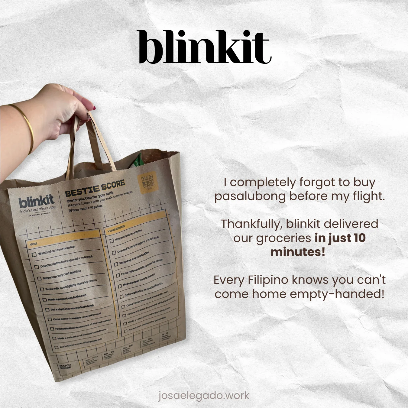 A hand holding a Blinkit paper grocery bag, beside a note that the groceries arrived in ten minutes.