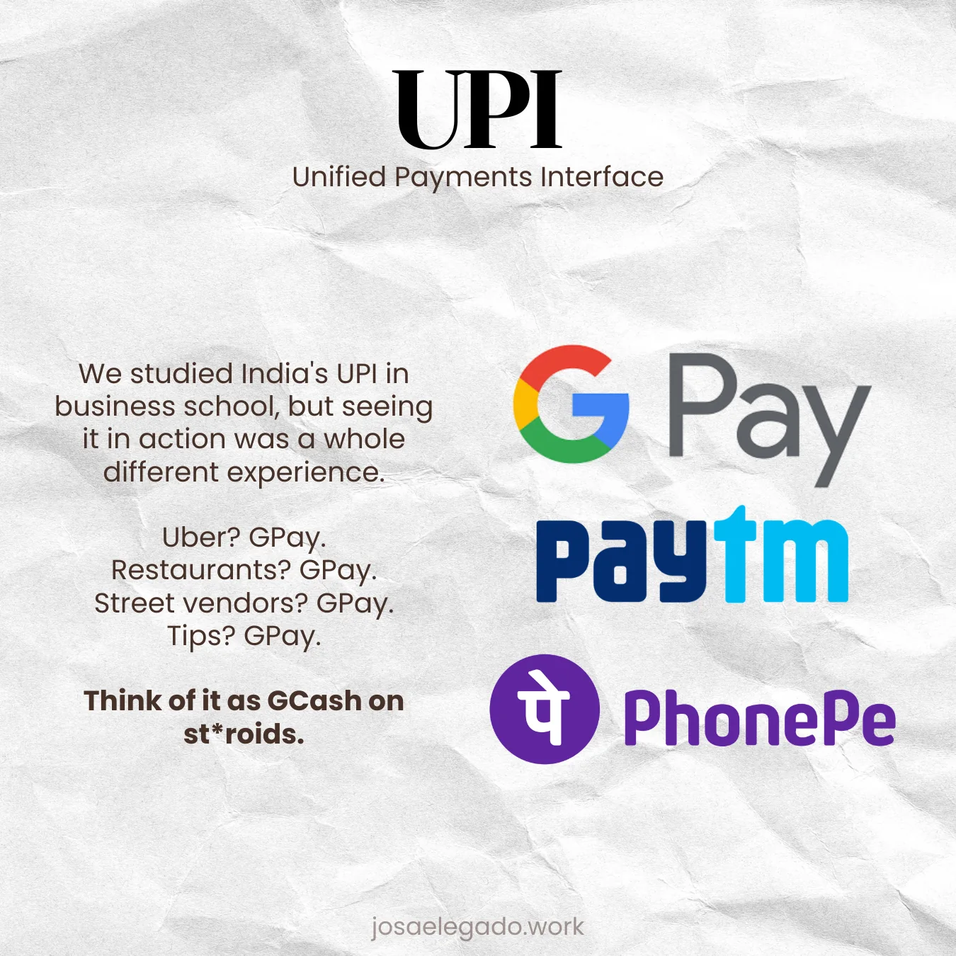 A card about India's Unified Payments Interface showing the Google Pay, Paytm and PhonePe marks.