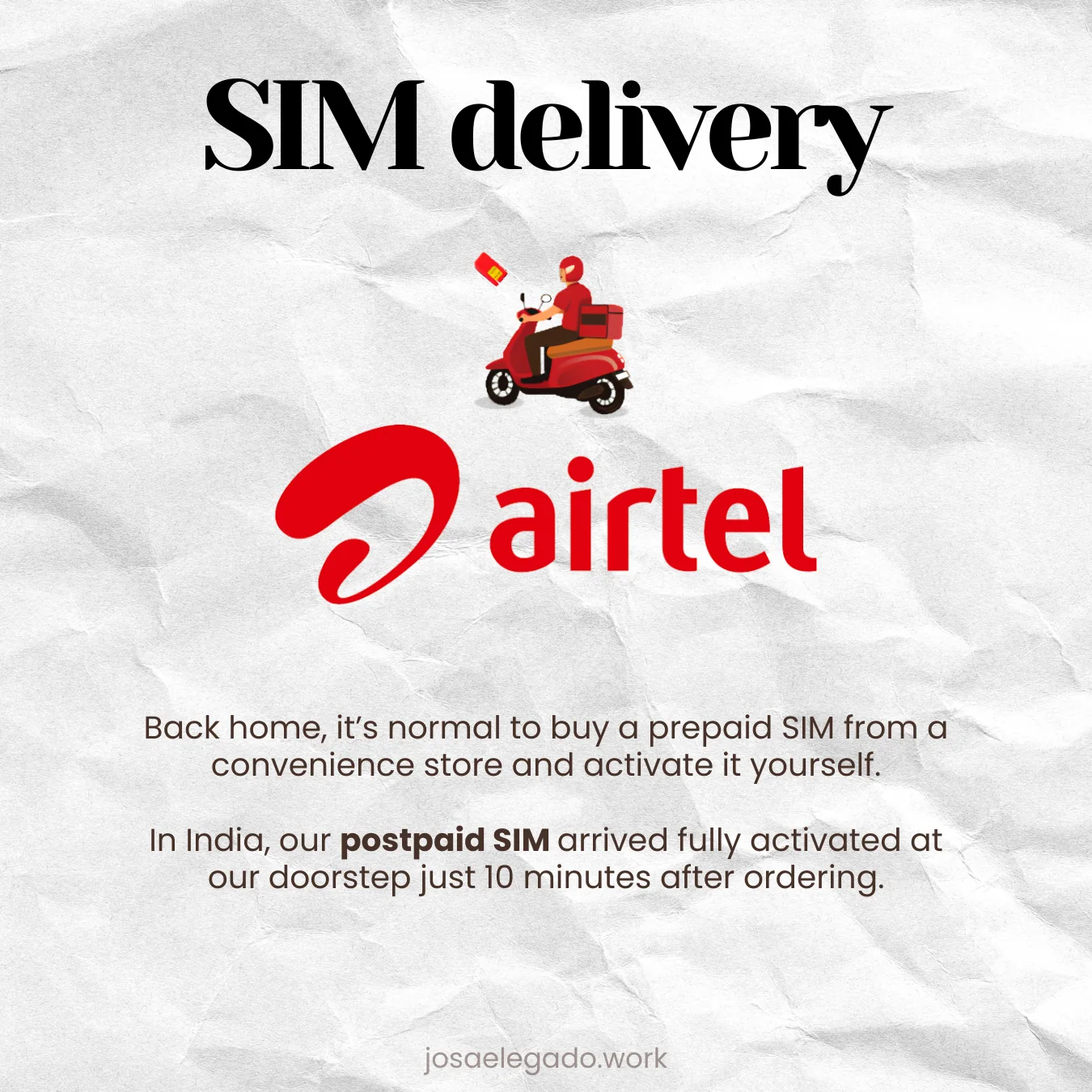 A card about Airtel postpaid SIM delivery, noting the SIM arrived fully activated ten minutes after ordering.