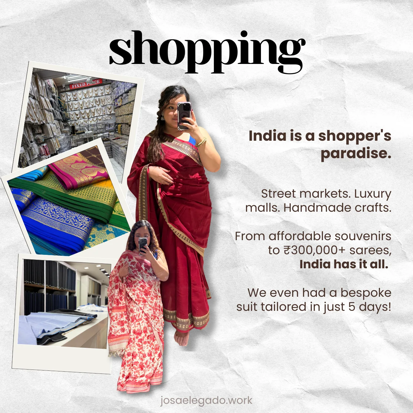 Sarees stacked in a Mysuru shop, a tailor's fabric room, and two mirror photographs wearing a red silk saree and a printed mul cotton saree.