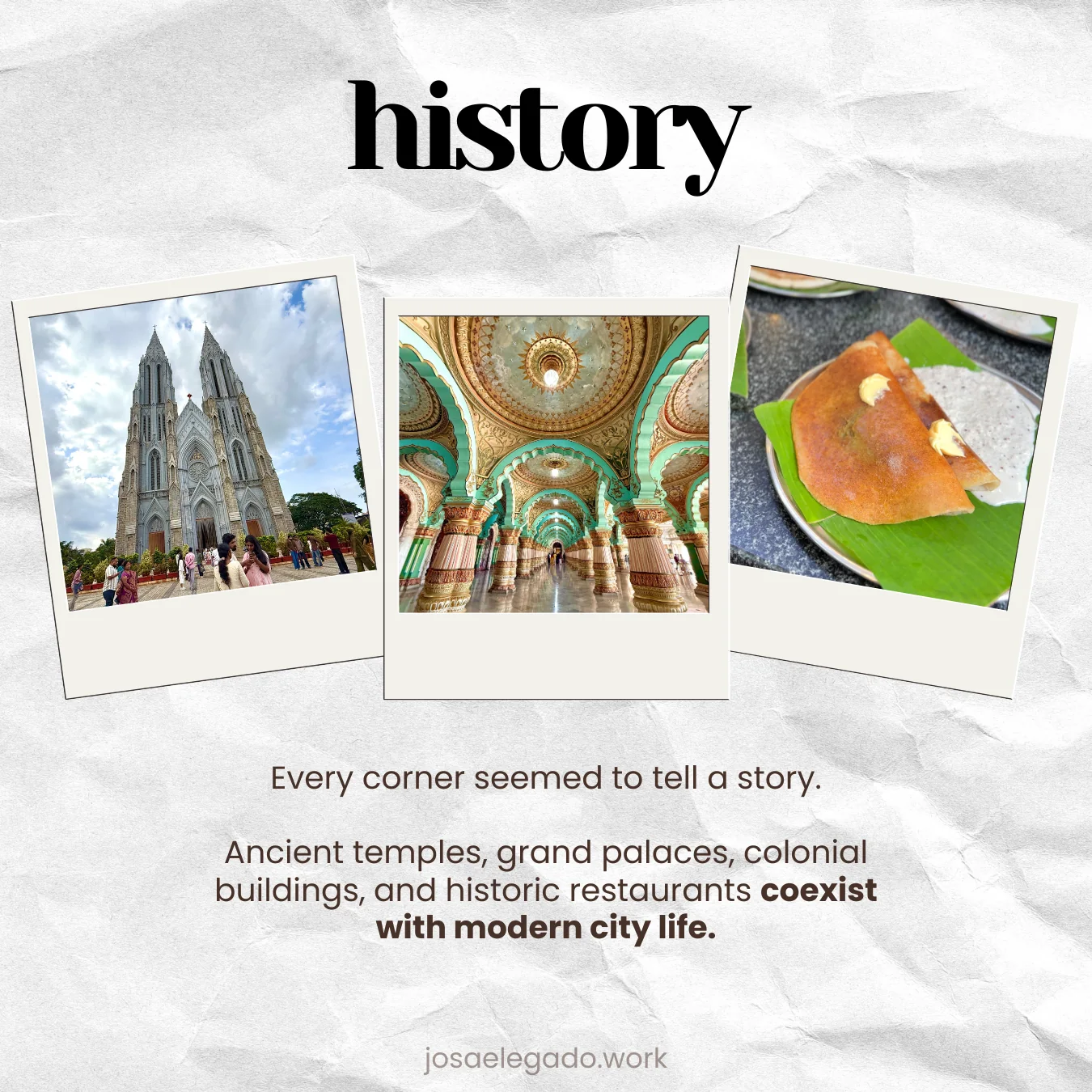 Three photographs: St Philomena's Cathedral, the painted interior arches of Mysore Palace, and a dosa served on a banana leaf.